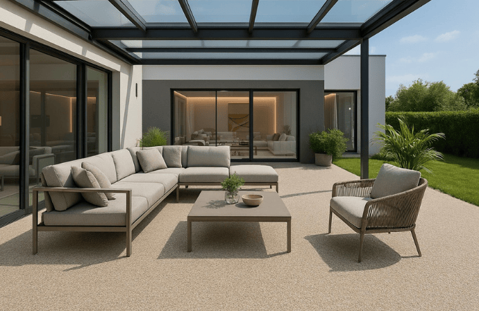 Steinteppich Komplett Set verlegt auf einer Terrasse im Außenbereich - Bauchemie.at Onlineshop