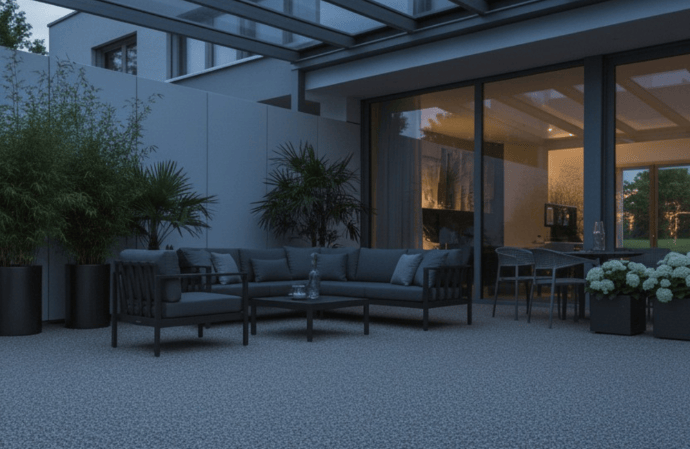 Steinteppich Komplett Set verlegt auf einer Terrasse mit Glasüberdachung im Außenbereich - Bauchemie.at Onlineshop