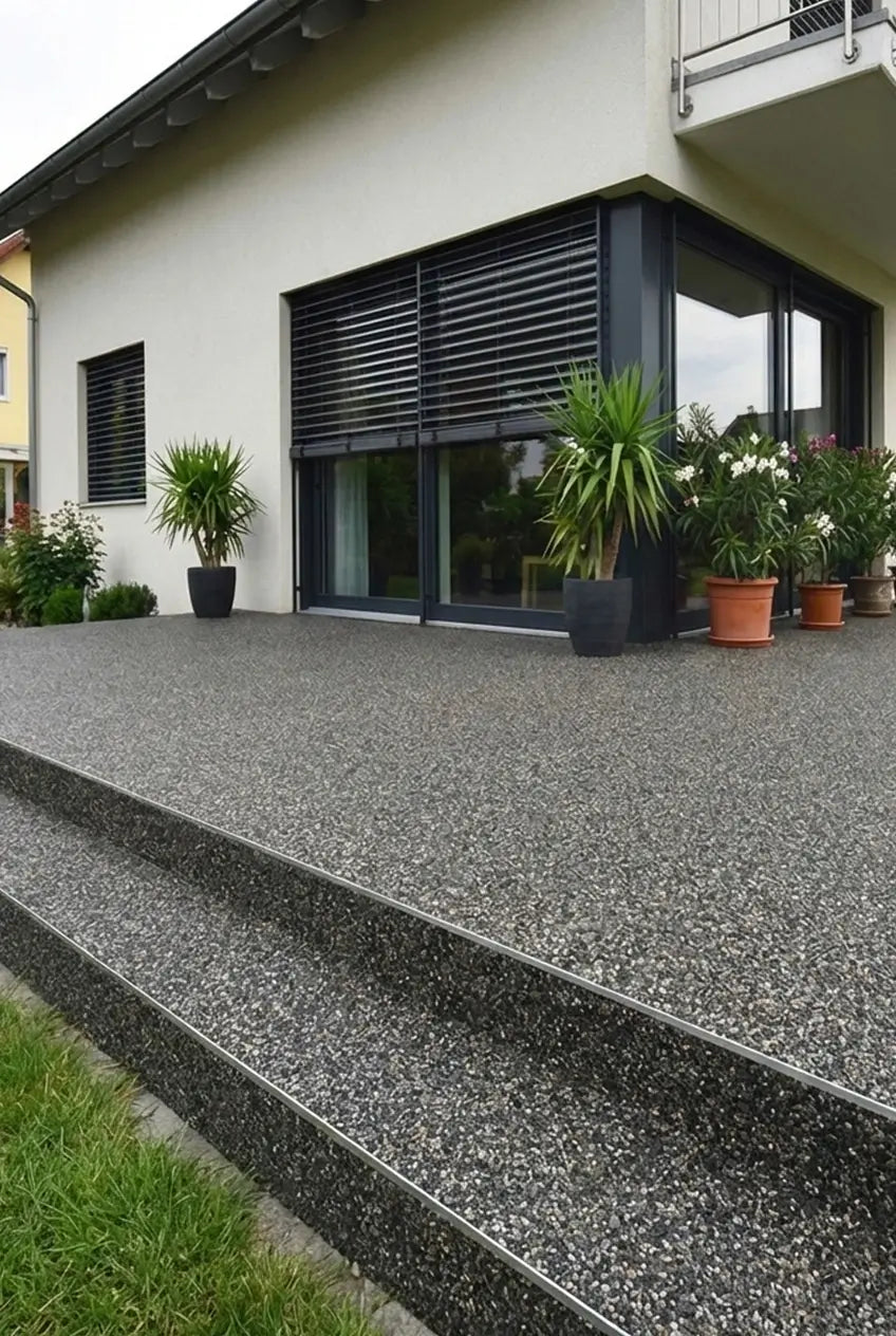 Steinteppich-Komplettset für den Außenbereich - Verlegt auf Terrasse in der Farbe Grigio Ghedi