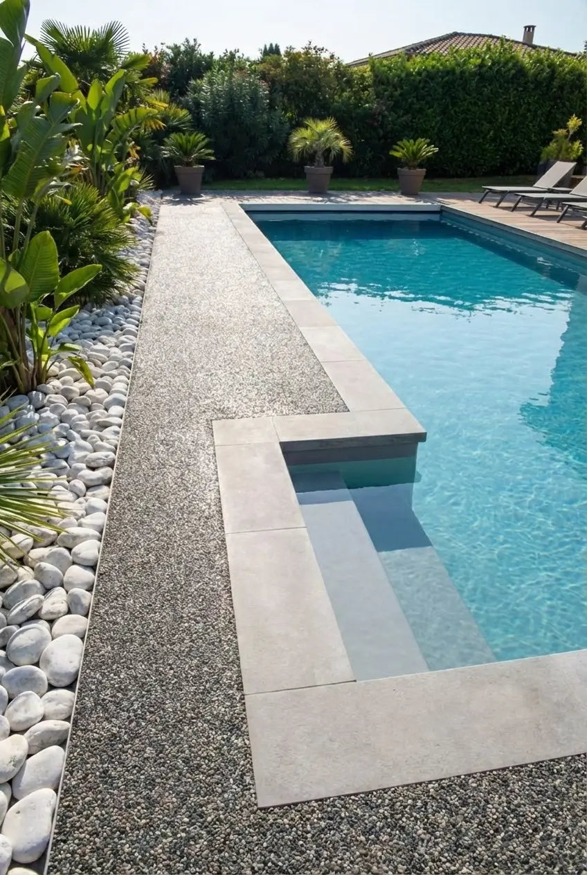 Steinteppich-Komplettset für den Außenbereich - Verlegt rund um einen Pool in der Farbe Grigio Ghedi