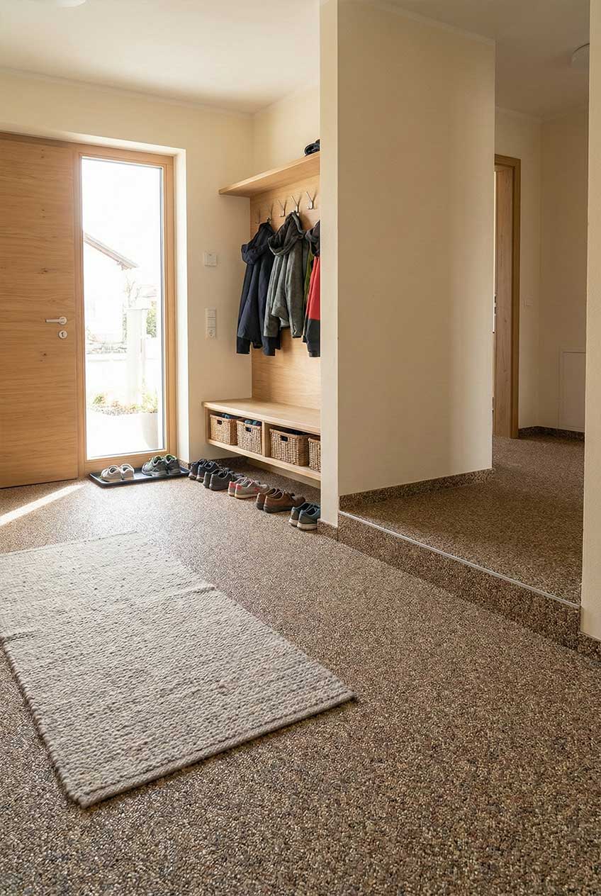 Steinteppich-Komplettset für den Innenbereich verlegt in einem Vorhaus